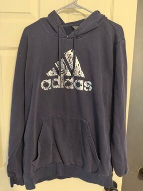 adidas Men's Dark Blue Pullover Hoodie with White Logo